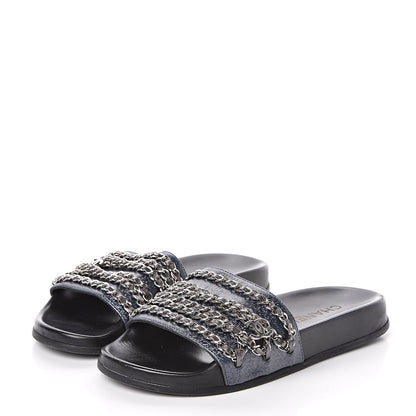 Chanel Lambskin Chain Flat Sandals 37 Dark Blue 3 of 11