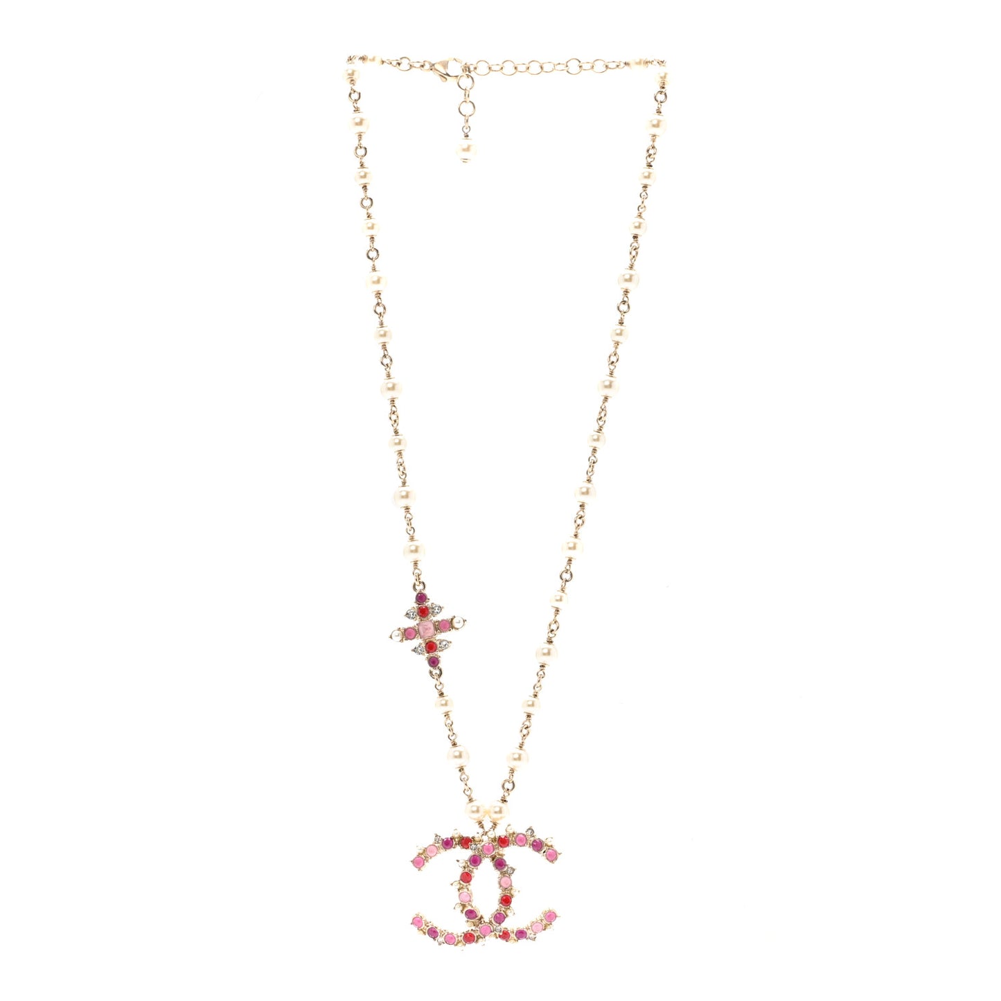 Pearl Crystal Beaded CC Pendant Necklace Gold Pink