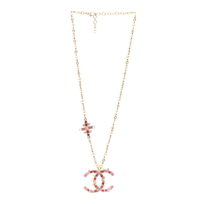 Chanel Pearl Crystal Beaded CC Pendant Necklace Gold Pink 3 of 6