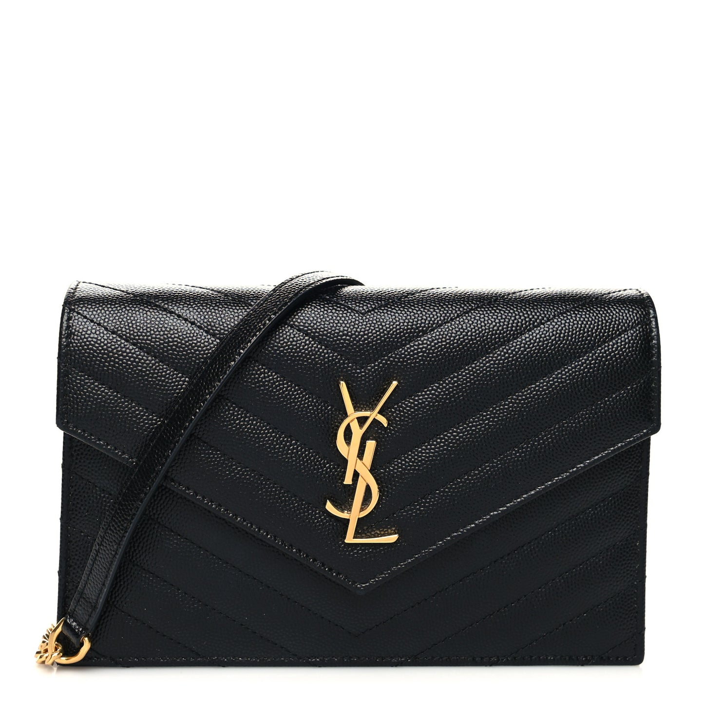 Grain De Poudre Matelasse Chevron Monogram Envelope Chain Wallet Black