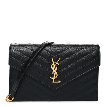 Saint Laurent Grain De Poudre Matelasse Chevron Monogram Envelope Chain Wallet Black 1 of 9