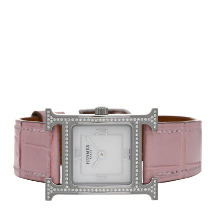 Hermes Stainless Steel Alligator Diamond Bezel Mother of Pearl 21mm Heure H Hour Quartz Watch Rose Pale 2 of 5