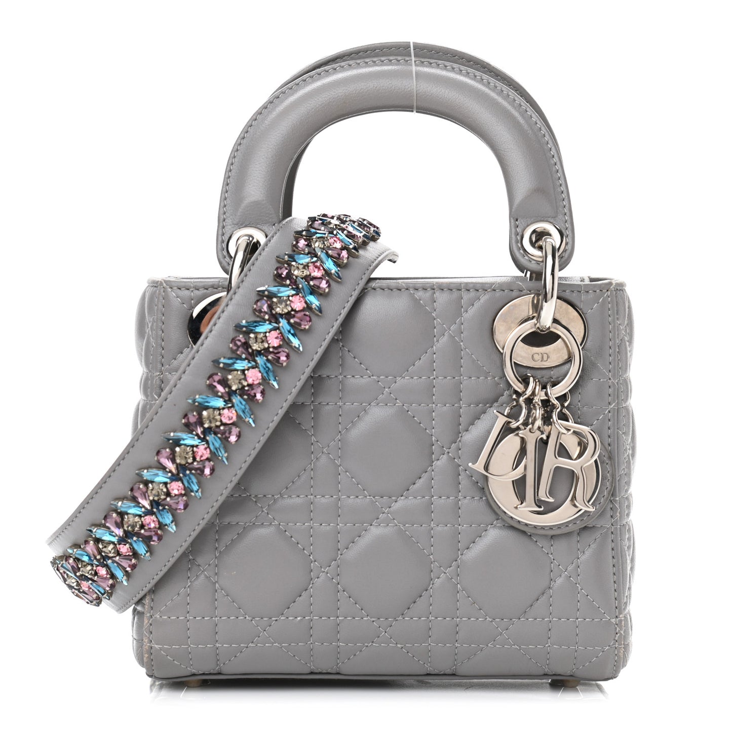 Lambskin Cannage Mini Lady Dior Crystal Strap Grey