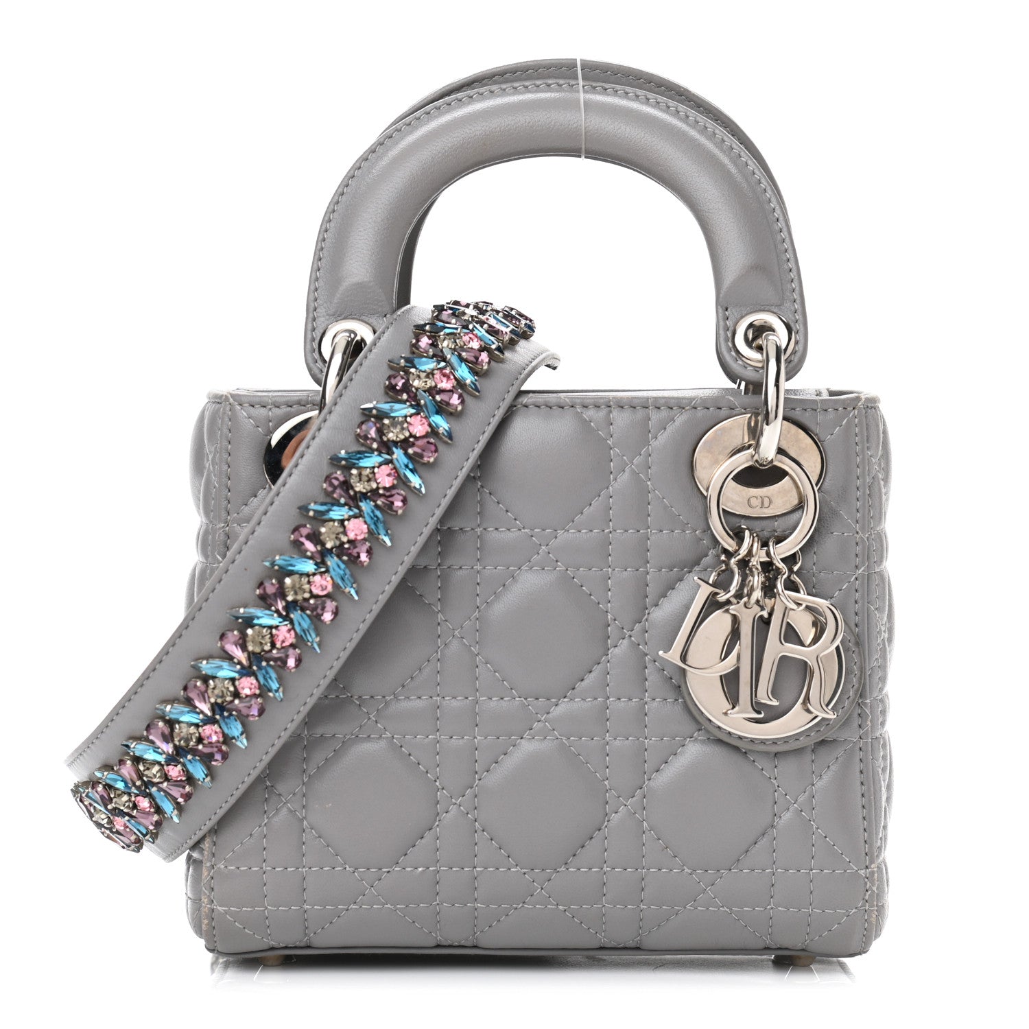 Christian Dior Lambskin Cannage Mini Lady Dior Crystal Strap Grey 1 of 11