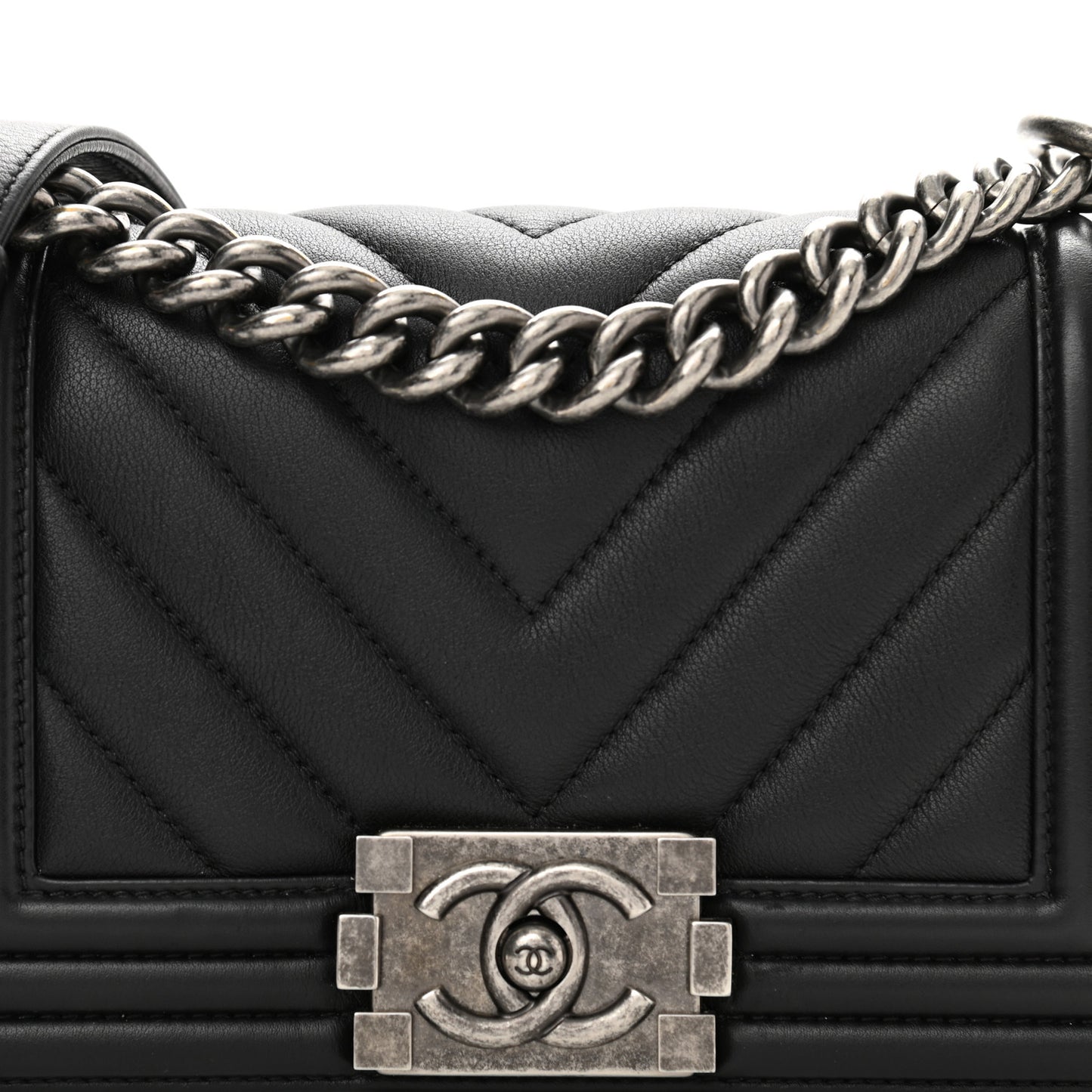 Calfskin Chevron Quilted Small Boy Flap Black