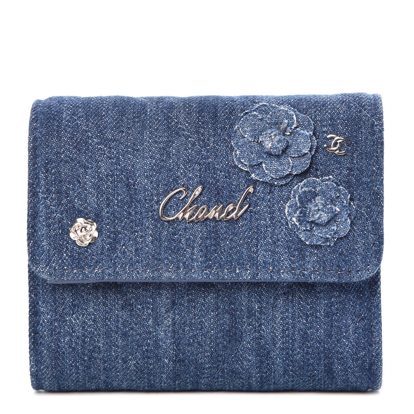 Denim Quilted Small Camellia Flap Wallet Blue