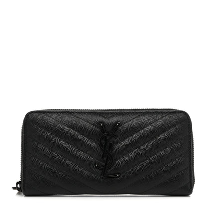 Saint Laurent Grain De Poudre Matelasse Chevron Monogram Monochrome Zip Around Wallet Black 1 of 8