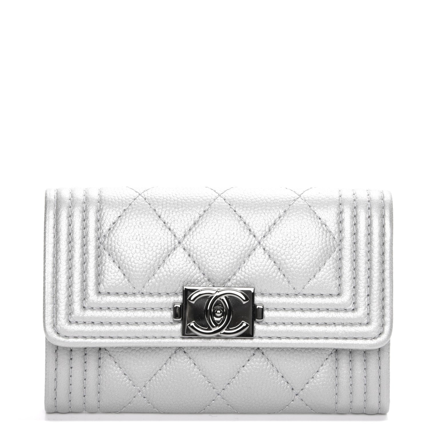 Chanel Metallic Caviar Quilted Boy Card Holder Wallet Silver 1 of 8