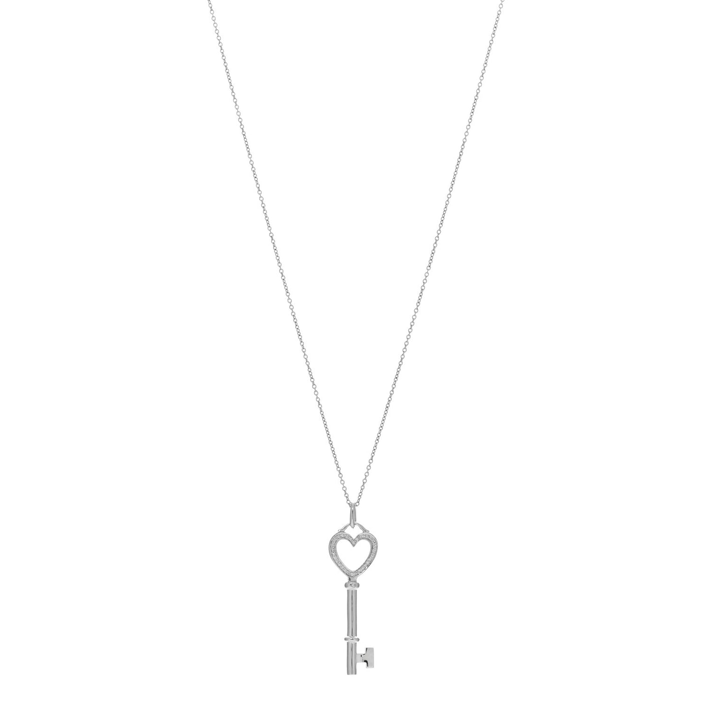 18K White Gold Diamond Mini Heart Key Charm Pendant Link Necklace