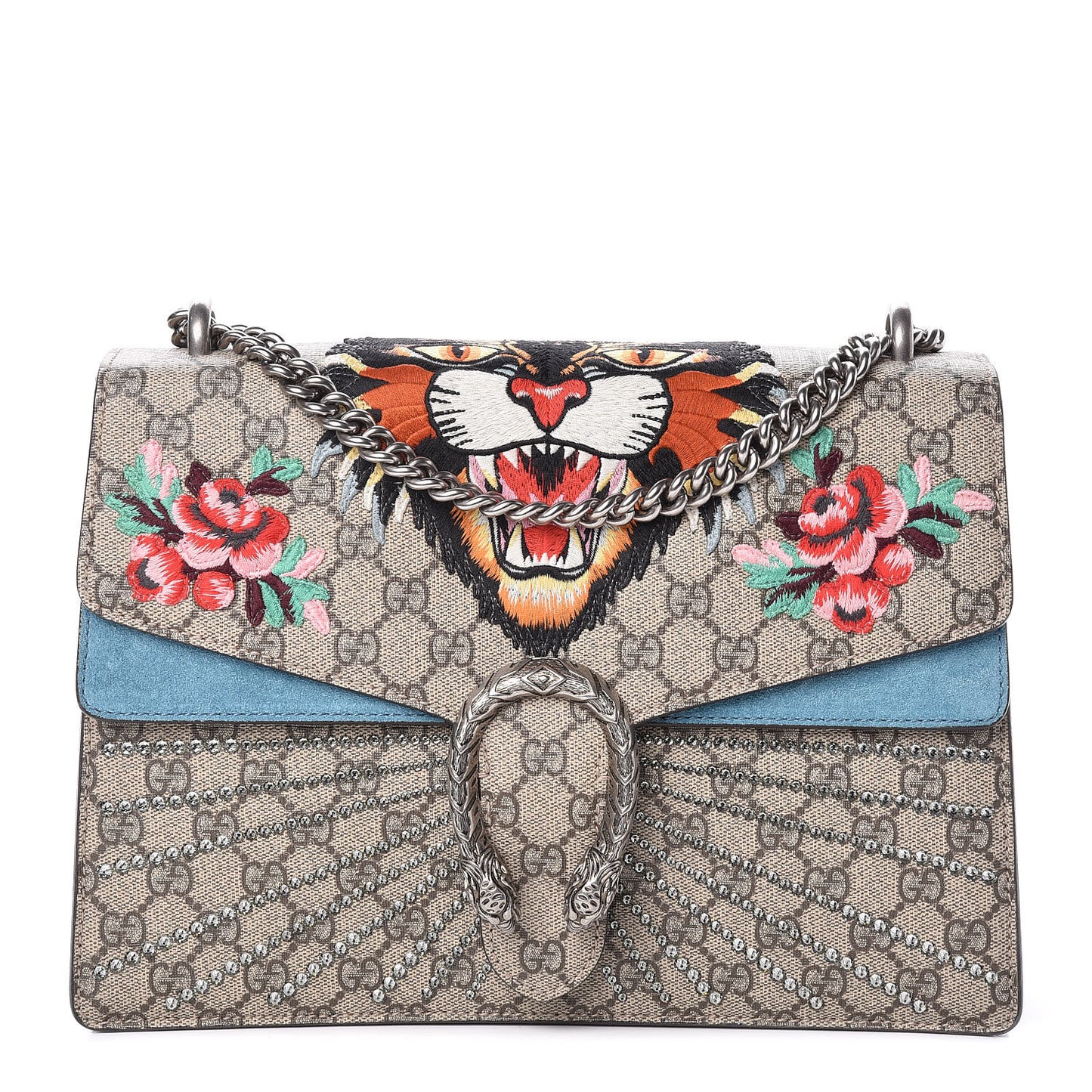 GG Supreme Monogram Angry Cat Embroidered Medium Dionysus Shoulder Bag Beige Ultramarine