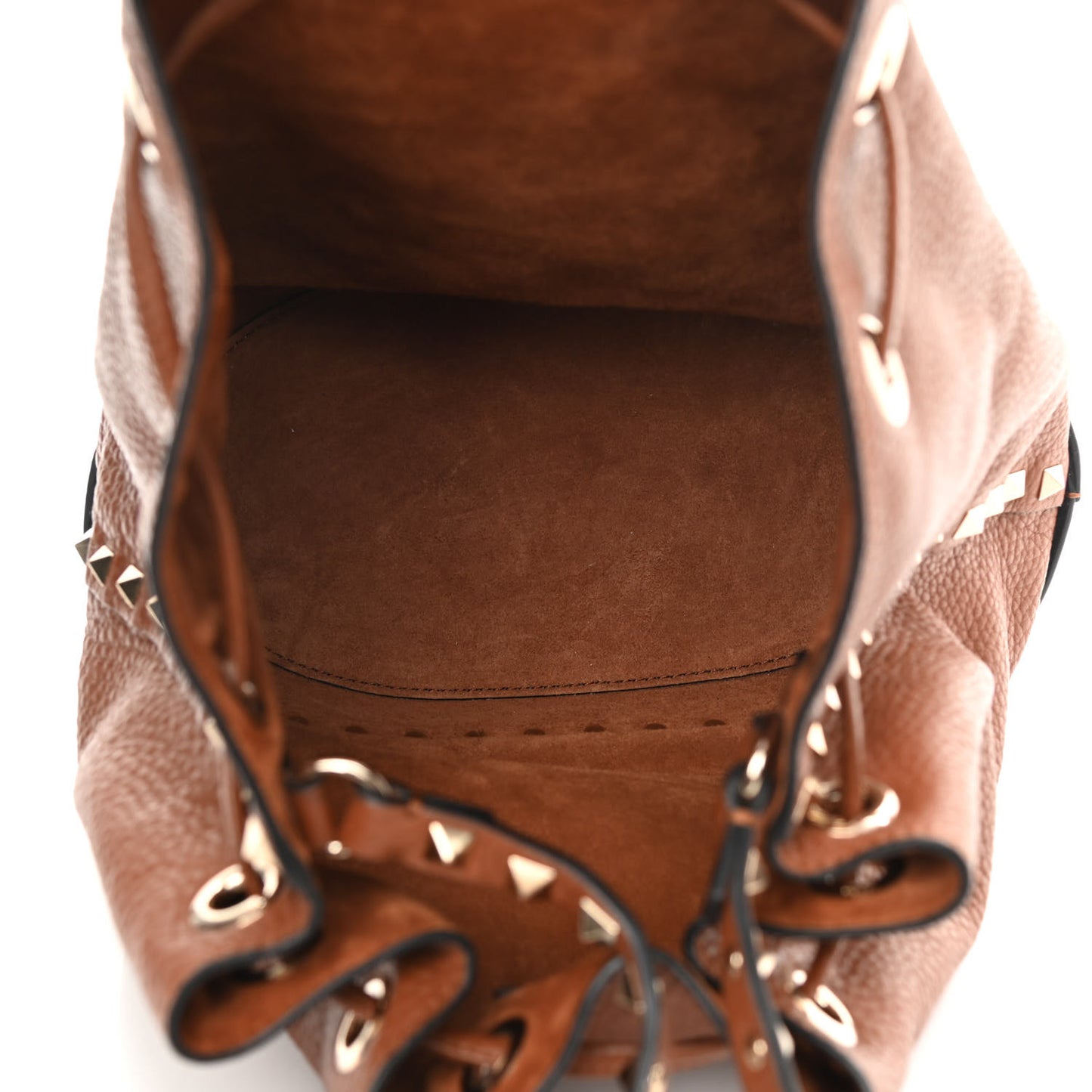 Grained Calfskin Rockstud Bucket Bag Saddle Brown