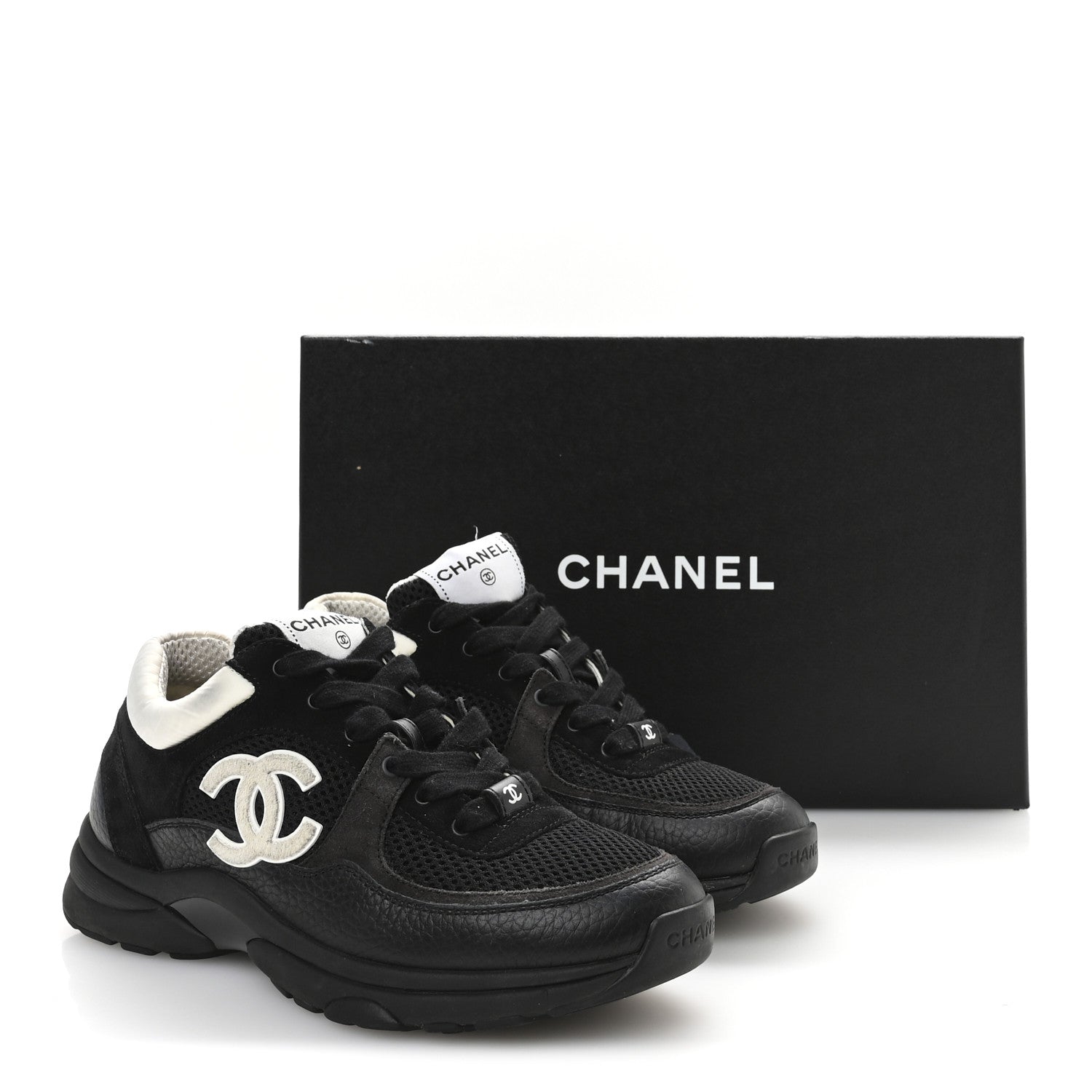 Chanel Mesh Suede Grained Calfskin Womens CC Sneakers 38 Black White 8 of 9