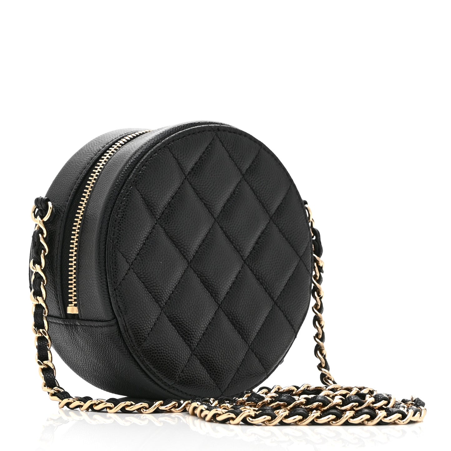 Caviar Quilted Round Clutch With Chain Black