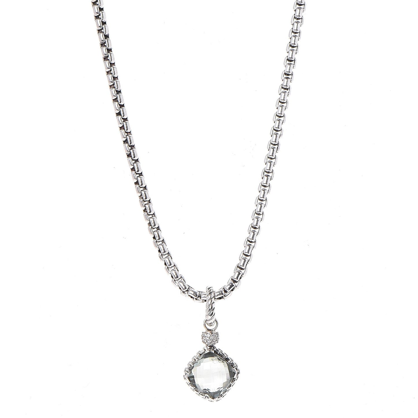 Sterling Silver 14K Yellow Gold Pave Diamond Prasiolite 11mm Cushion On Point Pendant Necklace