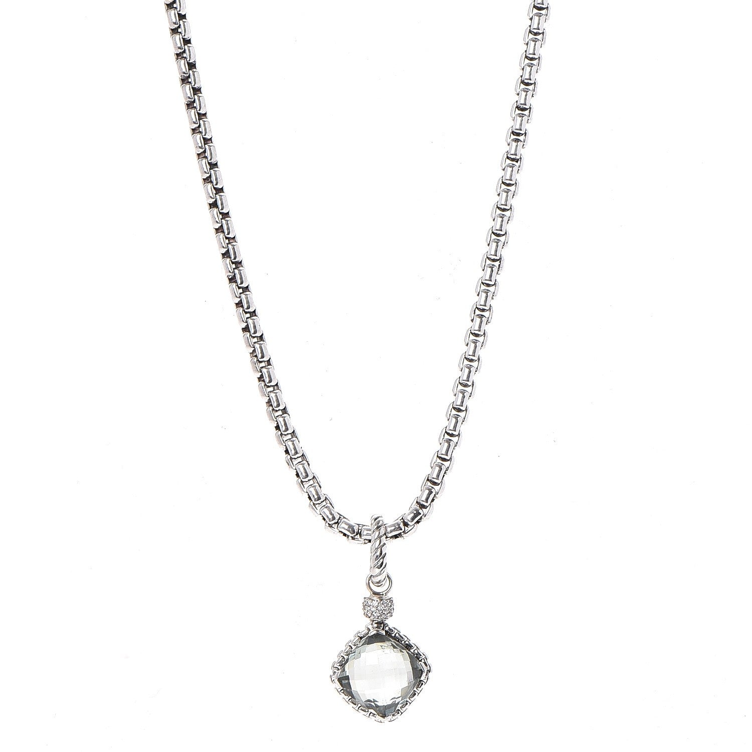 David Yurman Sterling Silver 14K Yellow Gold Pave Diamond Prasiolite 11mm Cushion On Point Pendant Necklace 1 of 7