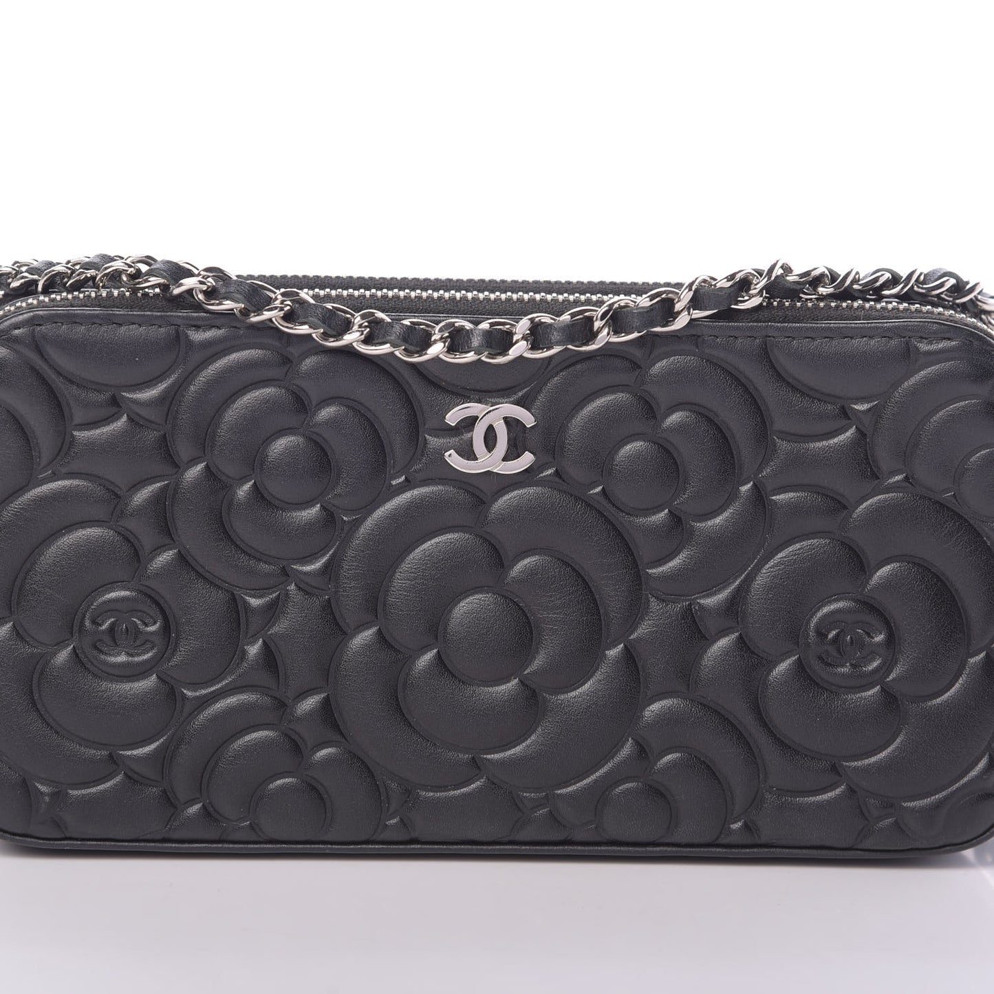 Lambskin Camellia Embossed Small Clutch With Chain Black