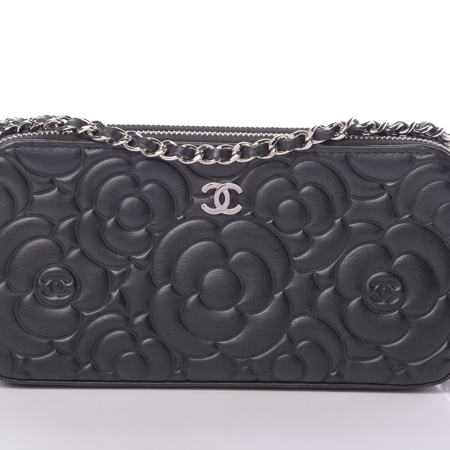 Chanel Lambskin Camellia Embossed Small Clutch With Chain Black 11 of 16