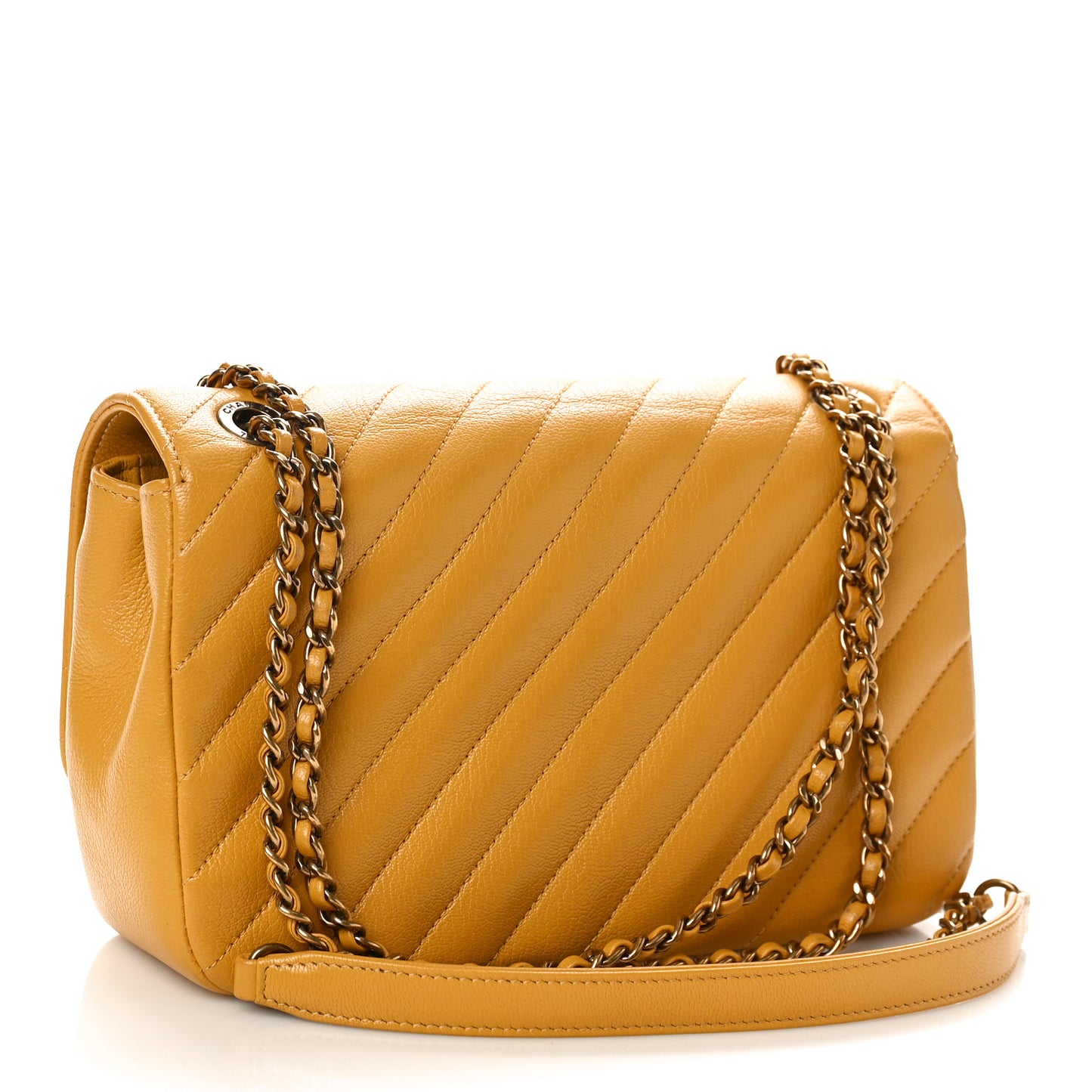 Shiny Goatskin Diagonal Quilted Small Flap Yellow