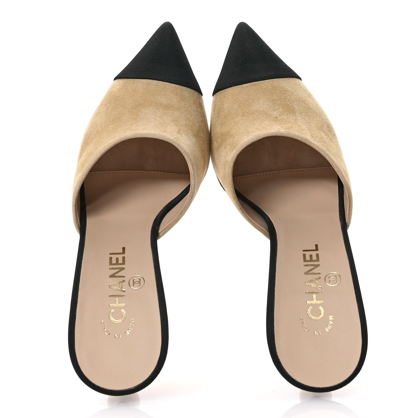 Suede Grosgrain Cap Toe CC Mules 39 Beige Black