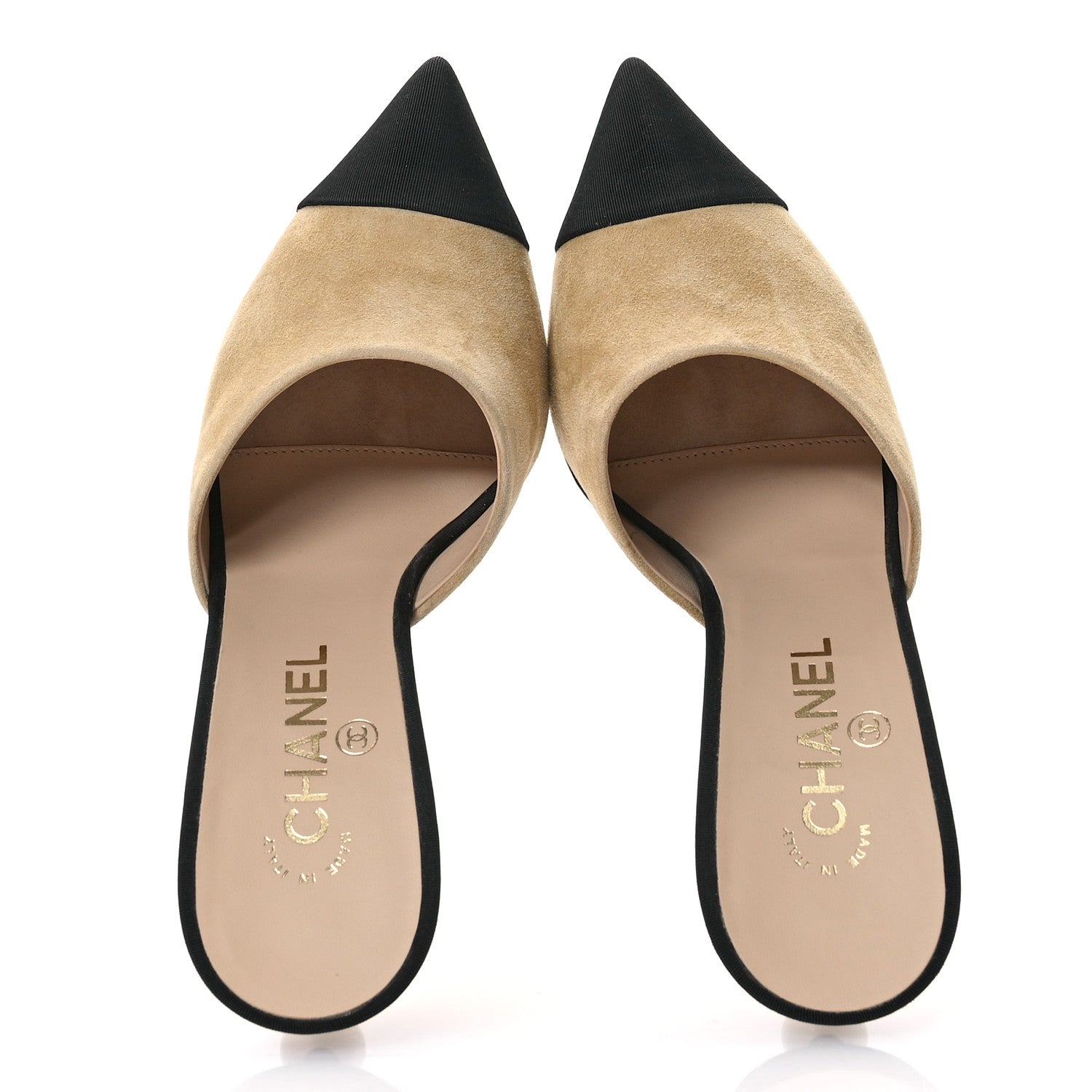 Chanel Suede Grosgrain Cap Toe CC Mules 39 Beige Black 2 of 9