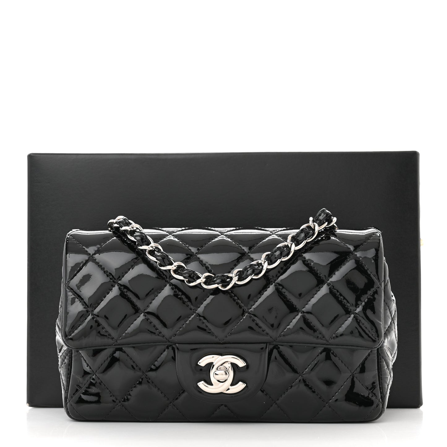 Patent Calfskin Quilted Mini Rectangular Flap Black