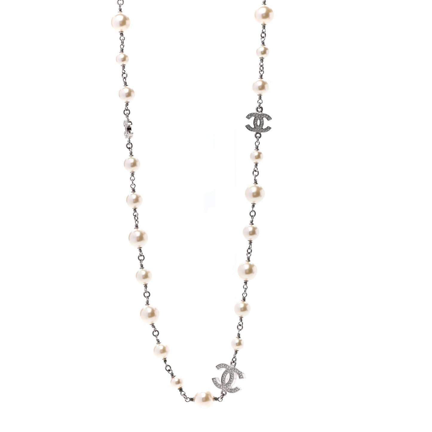 Crystal Pearl CC Necklace Silver