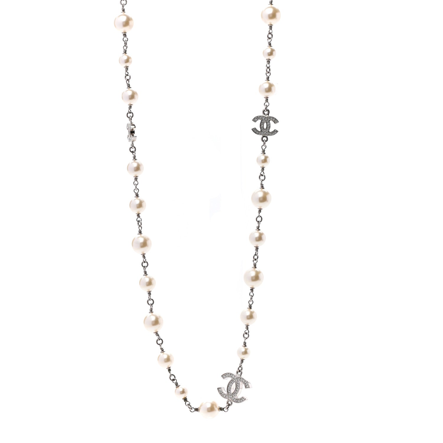 Chanel Crystal Pearl CC Necklace Silver 1 of 4