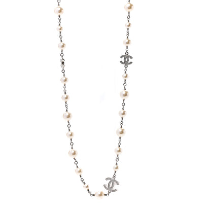 Chanel Crystal Pearl CC Necklace Silver 1 of 4