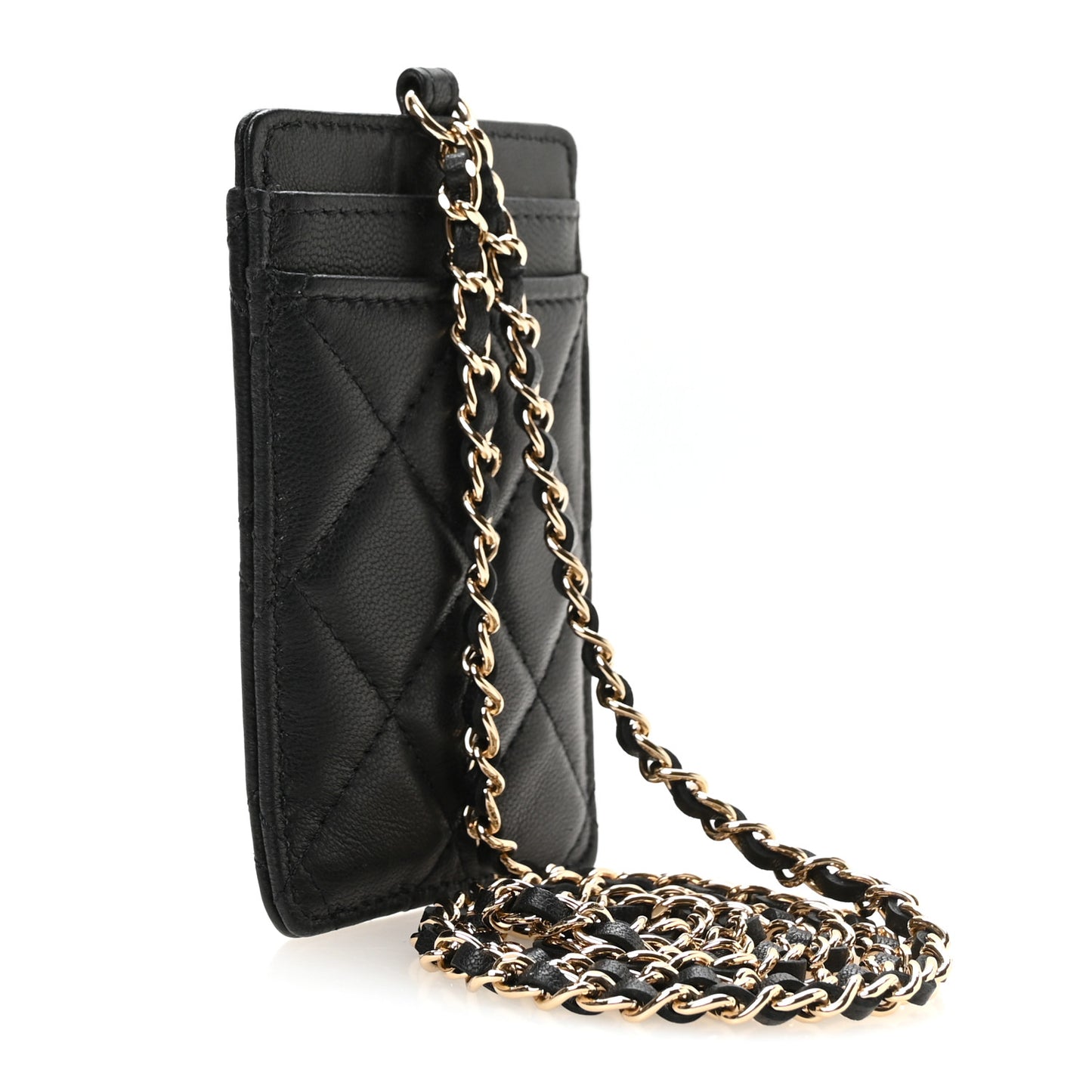 Lambskin Quilted Glitter Card Holder On Chain Black