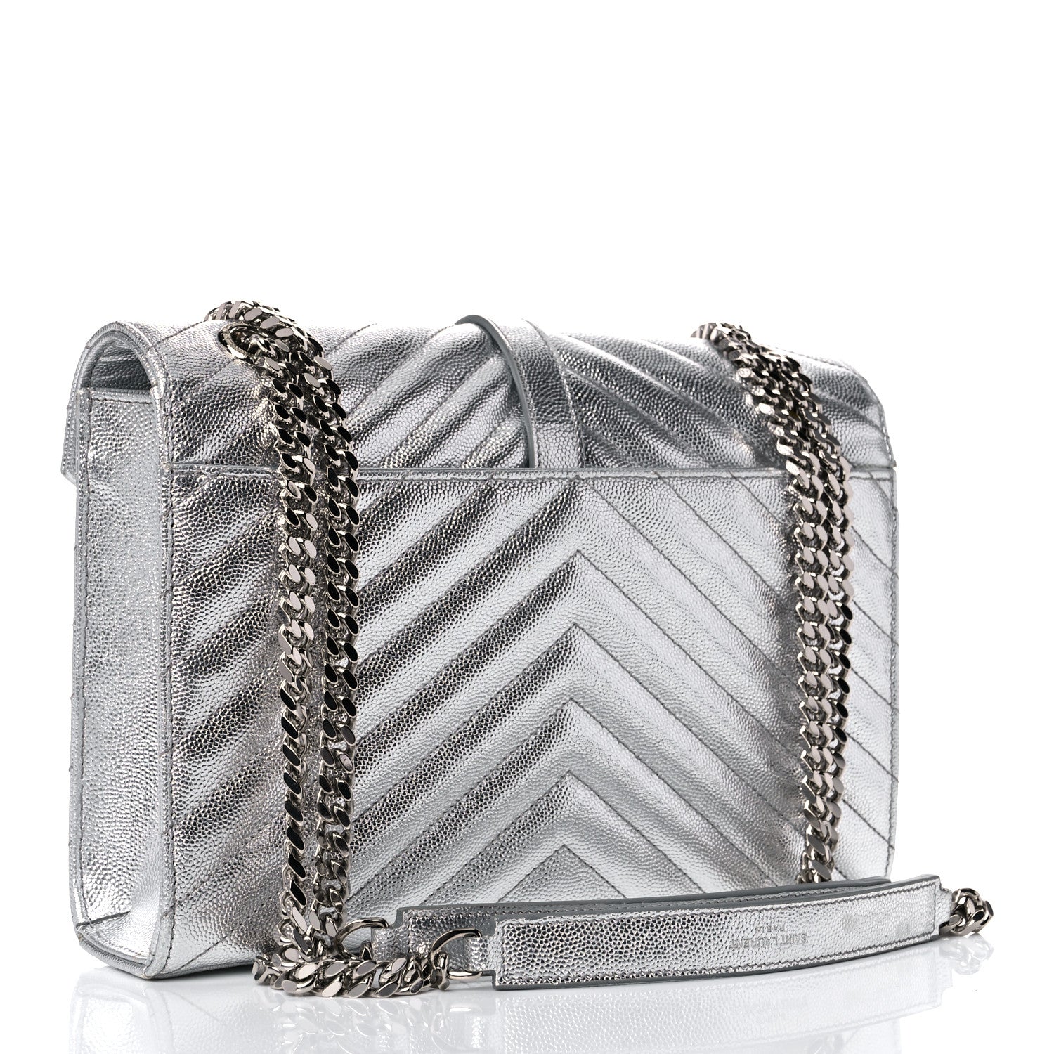 Saint Laurent Metallic Grain De Poudre Matelasse Chevron Medium Monogram Satchel Silver 3 of 12