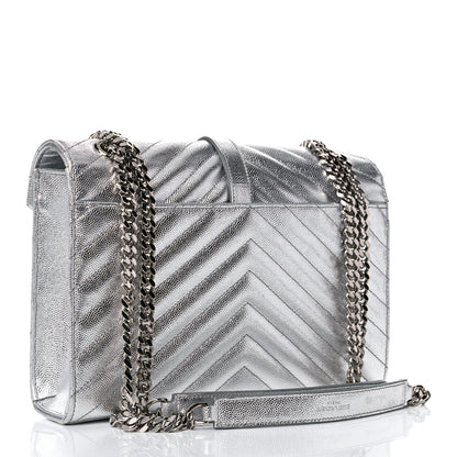 Saint Laurent Metallic Grain De Poudre Matelasse Chevron Medium Monogram Satchel Silver 3 of 12