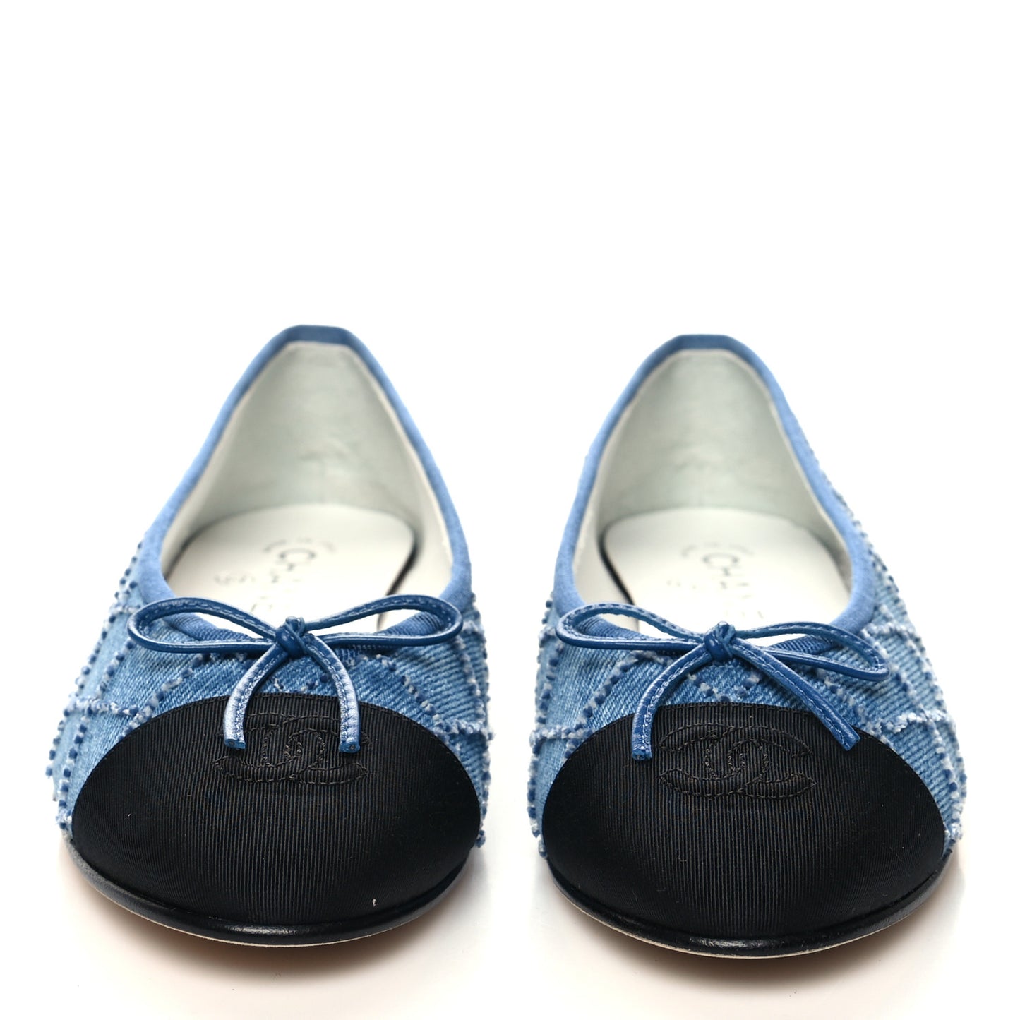 Denim Embroidered Grosgrain CC Cap Toe Ballerina Flats 38 Blue Black