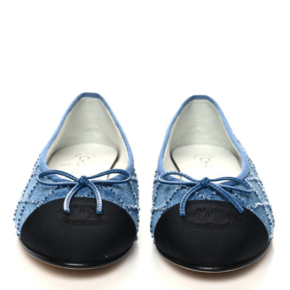 Chanel Denim Embroidered Grosgrain CC Cap Toe Ballerina Flats 38 Blue Black 2 of 9
