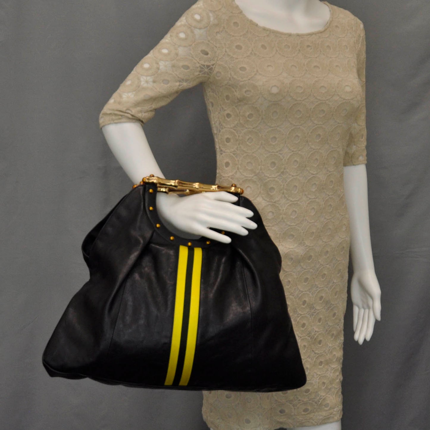 Leather Metal Bamboo Striped Tote Black