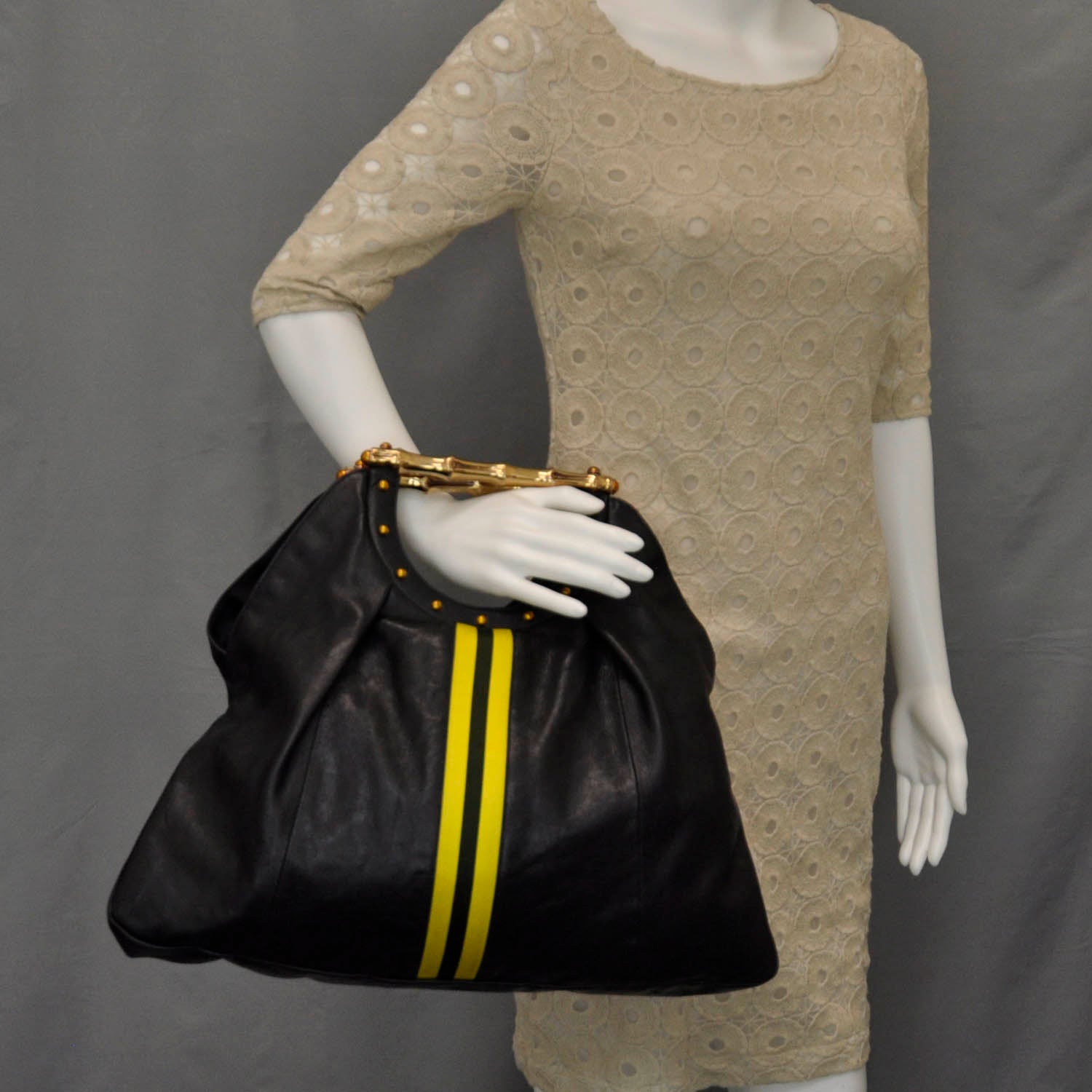 Gucci Leather Metal Bamboo Striped Tote Black 2 of 10