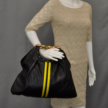 Gucci Leather Metal Bamboo Striped Tote Black 2 of 10