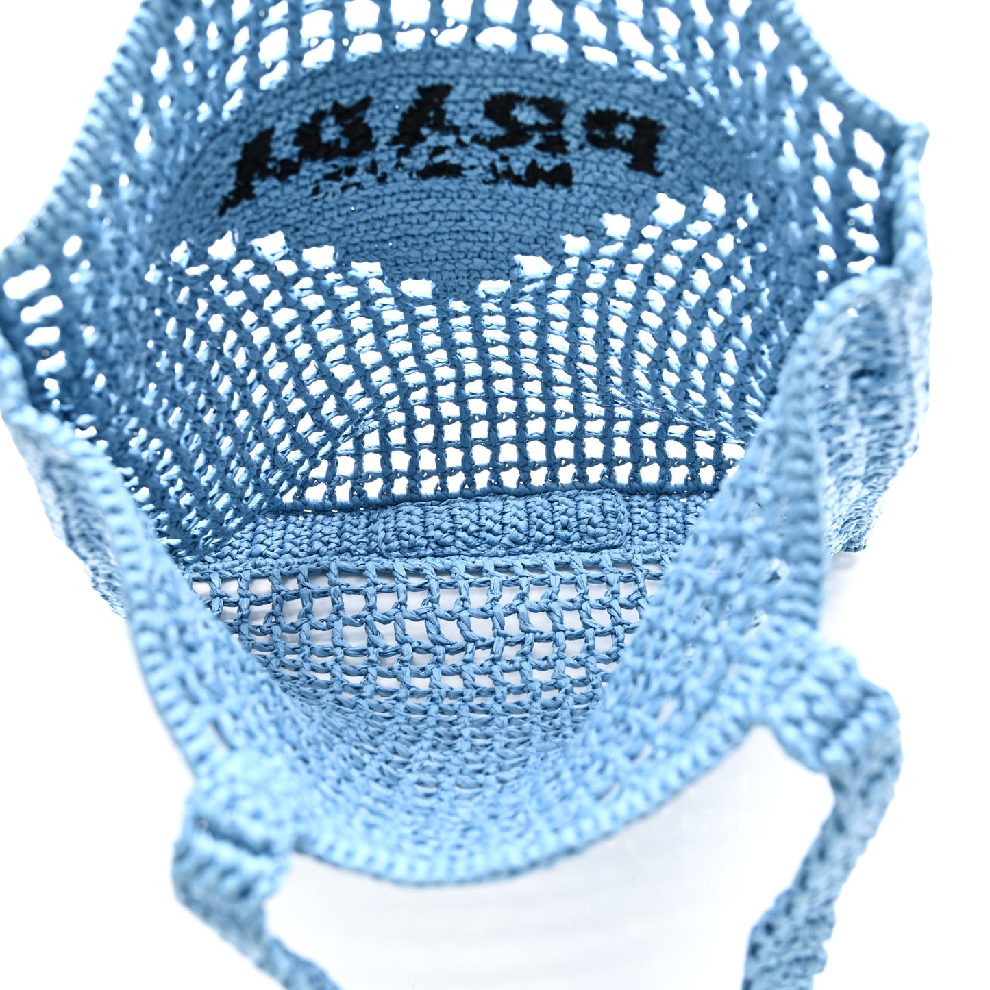 Yarn Raffia Effect Crochet Logo Embroidered Tote Bag Celeste