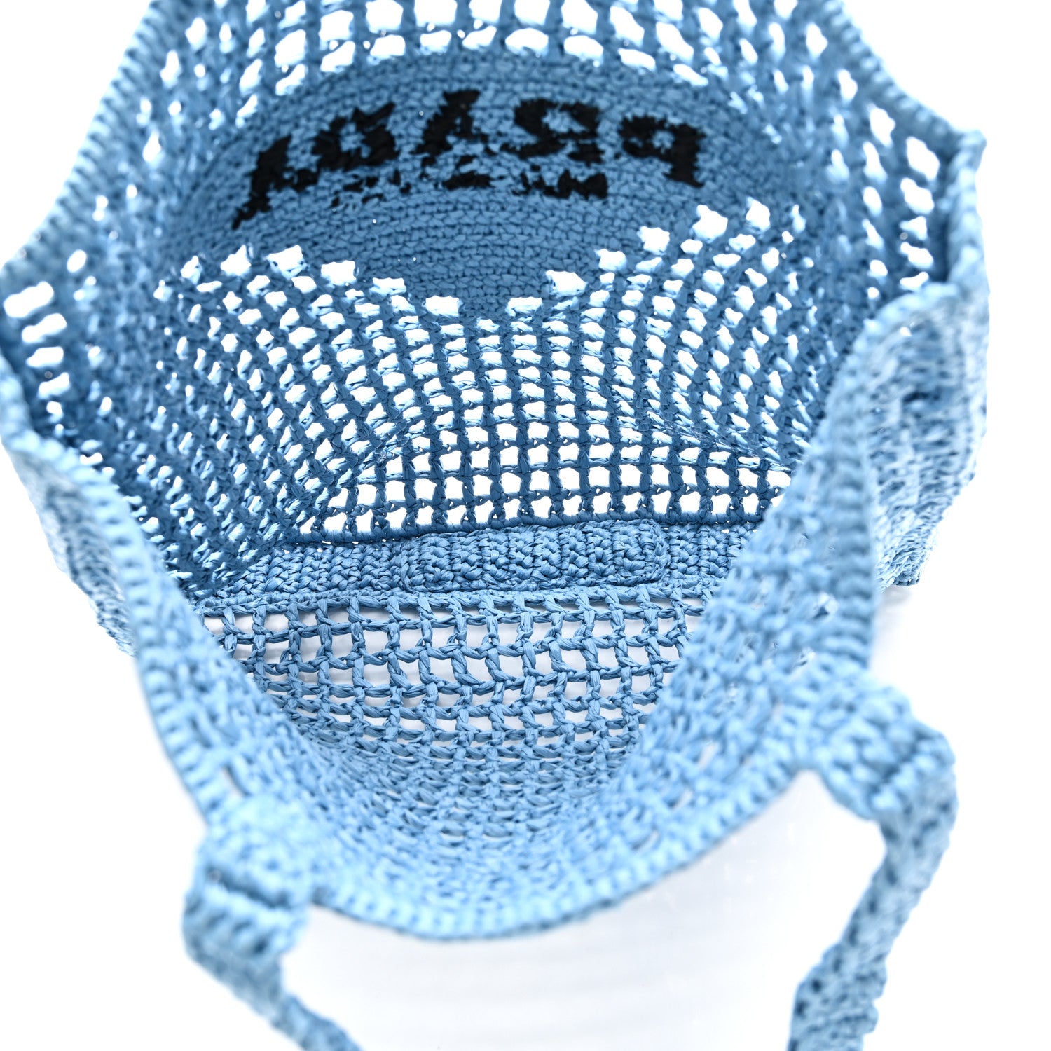 Prada Yarn Raffia Effect Crochet Logo Embroidered Tote Bag Celeste 5 of 9