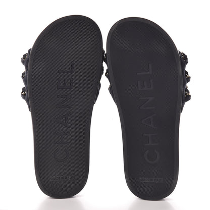 Chanel Satin Canvas Chain Slides Sandals Flats 35 Marine 7 of 8