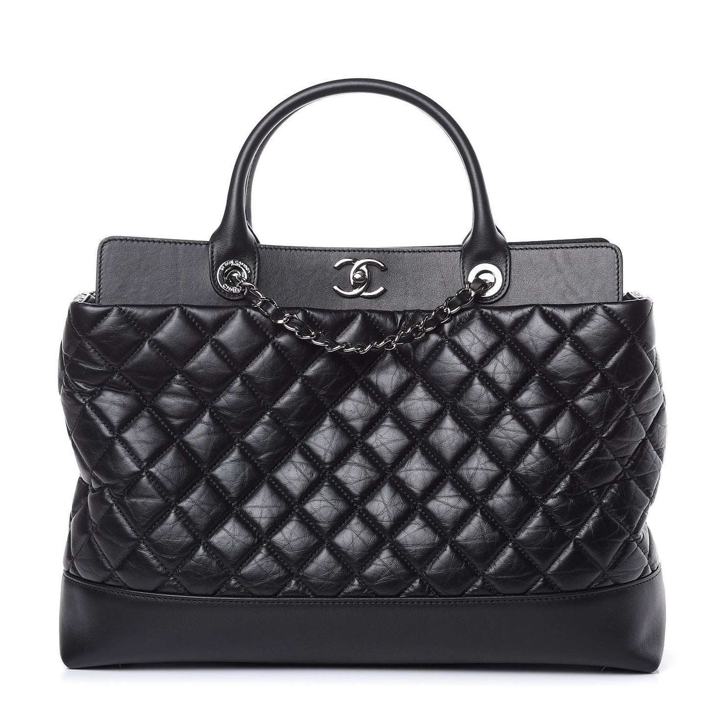 Aged Calfskin Quilted Be CC Tote Black