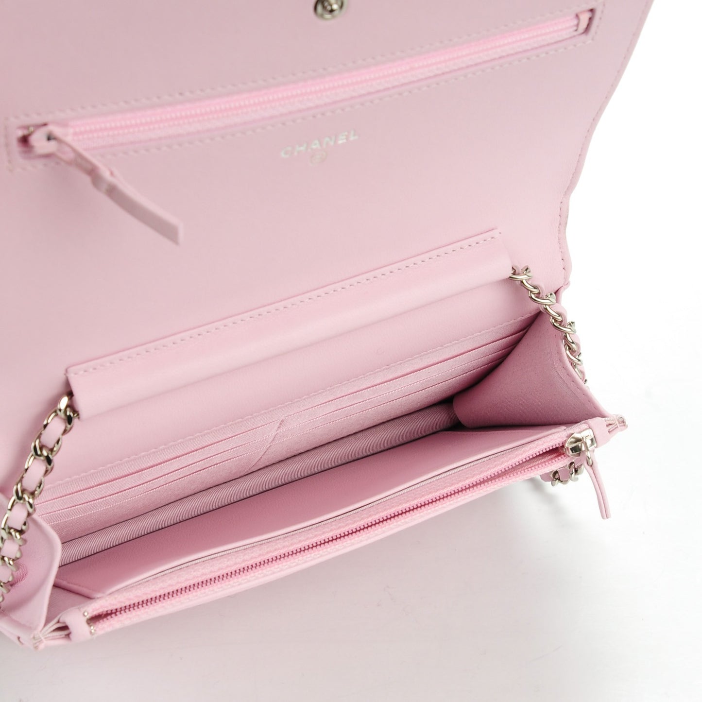 Lambskin Quilted Diamond CC Wallet On Chain WOC Pink
