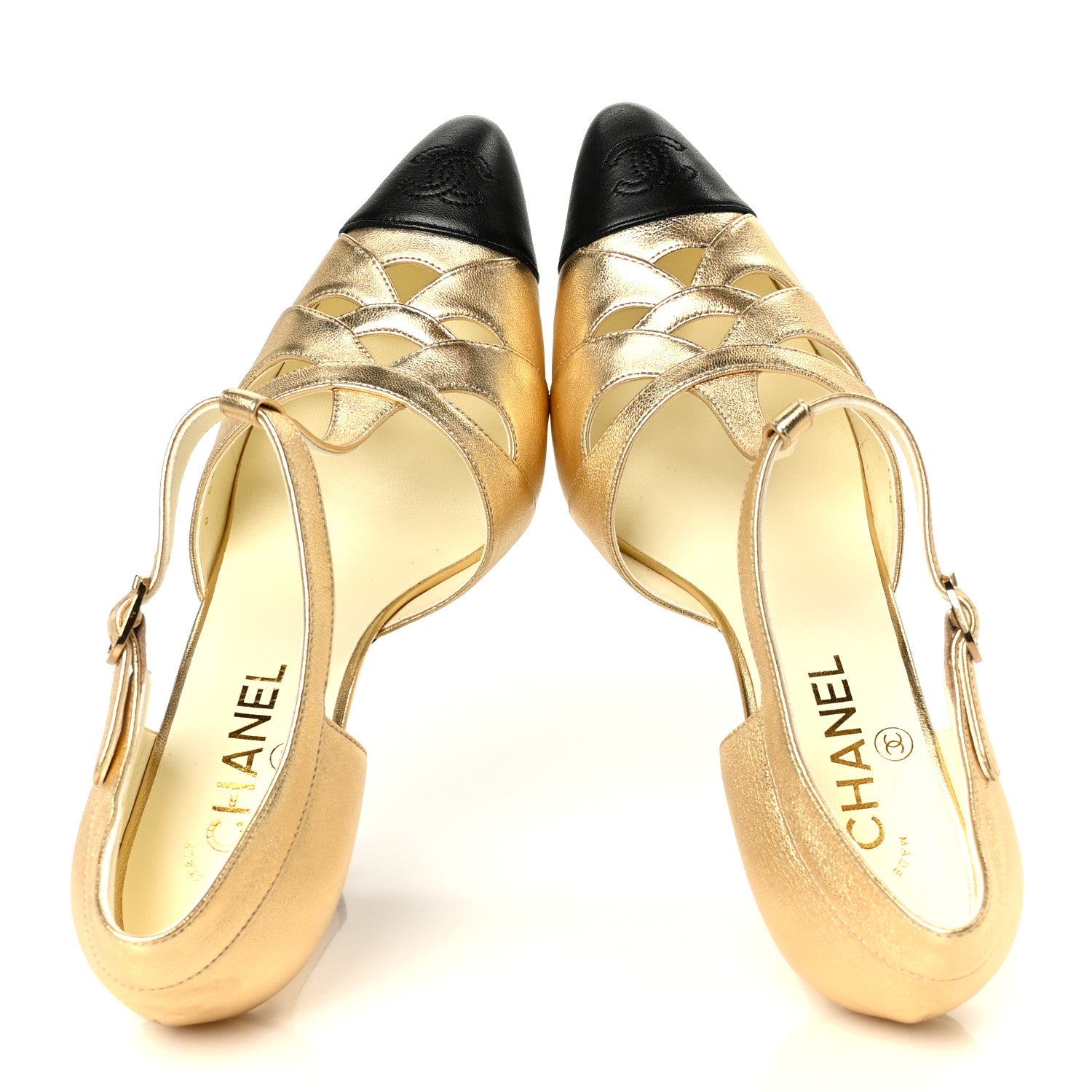 Chanel Laminated Lambskin Cap Toe CC Mary Jane Pumps 38 Gold Black