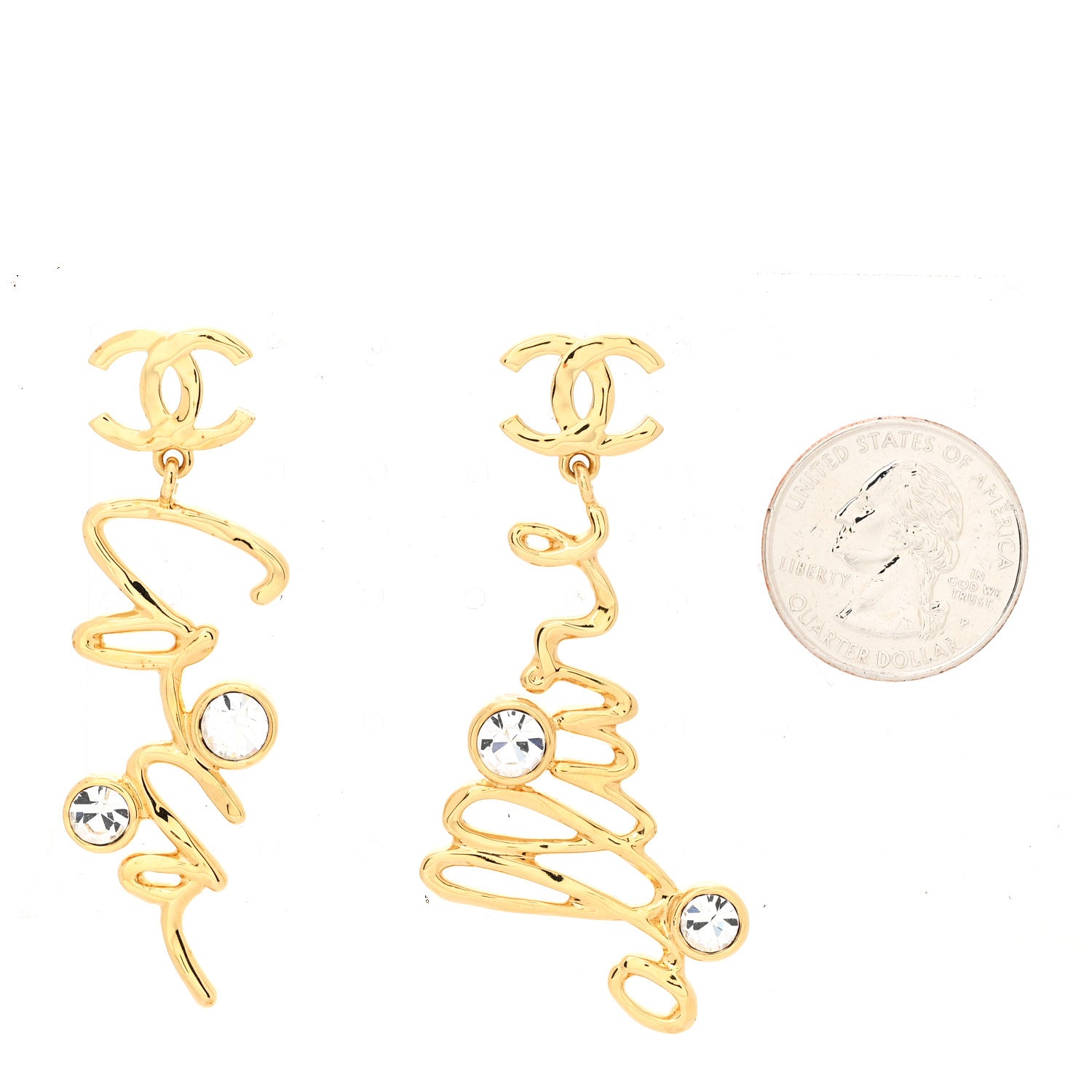 Chanel Metal Crystal Coco Script CC Drop Earrings Gold 2 of 5