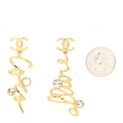 Chanel Metal Crystal Coco Script CC Drop Earrings Gold 2 of 5
