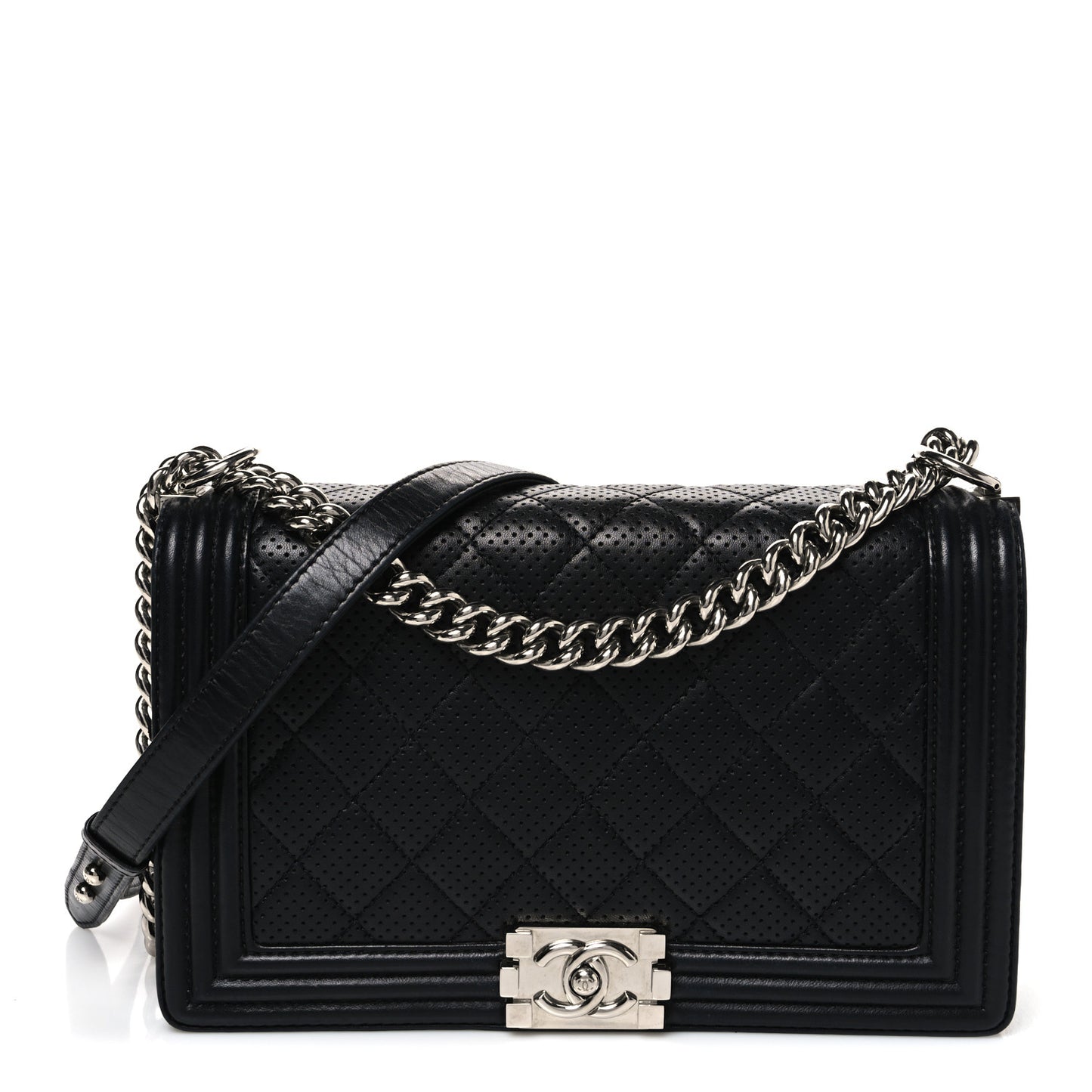 Lambskin Perforated Quilted New Medium Boy Flap Black