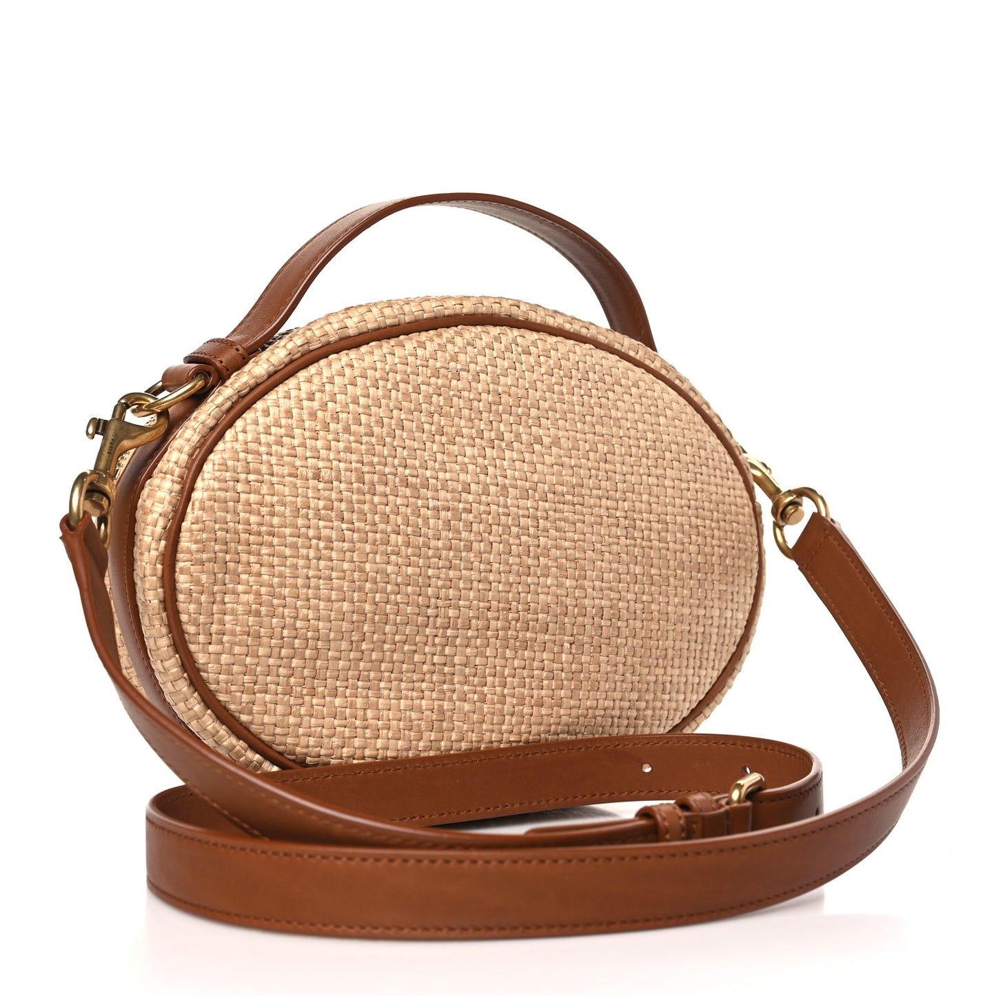 Raffia Calfskin Round Camera Bag Golden Ecru Brick