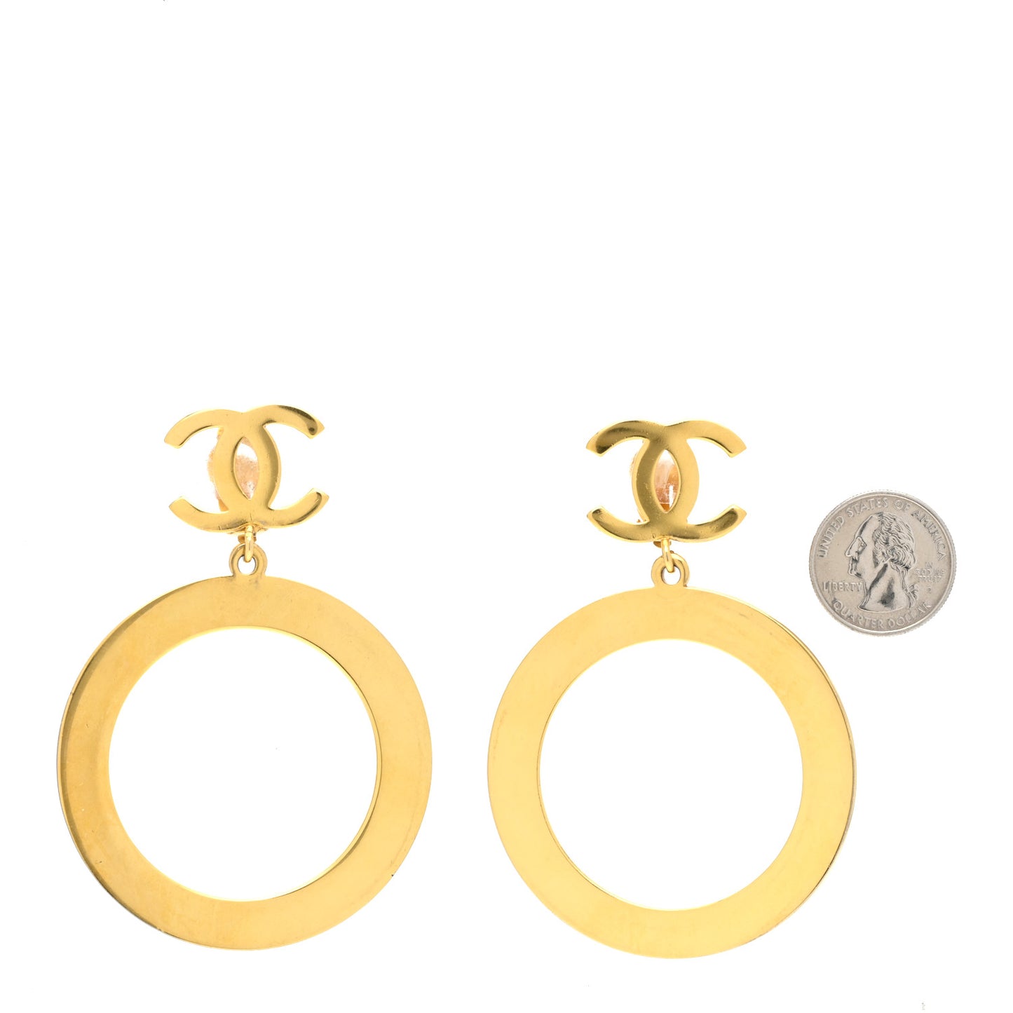 Metal CC Circle Drop Clip On Earrings Gold