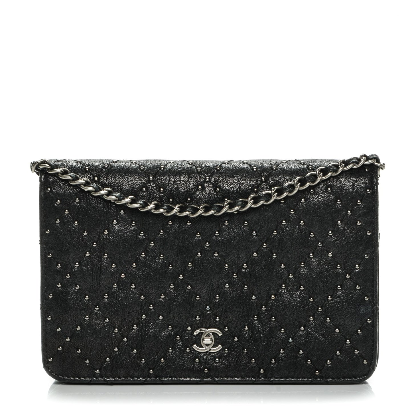 Crumpled Lambskin Studded Paris Dallas Wallet On Chain WOC Black