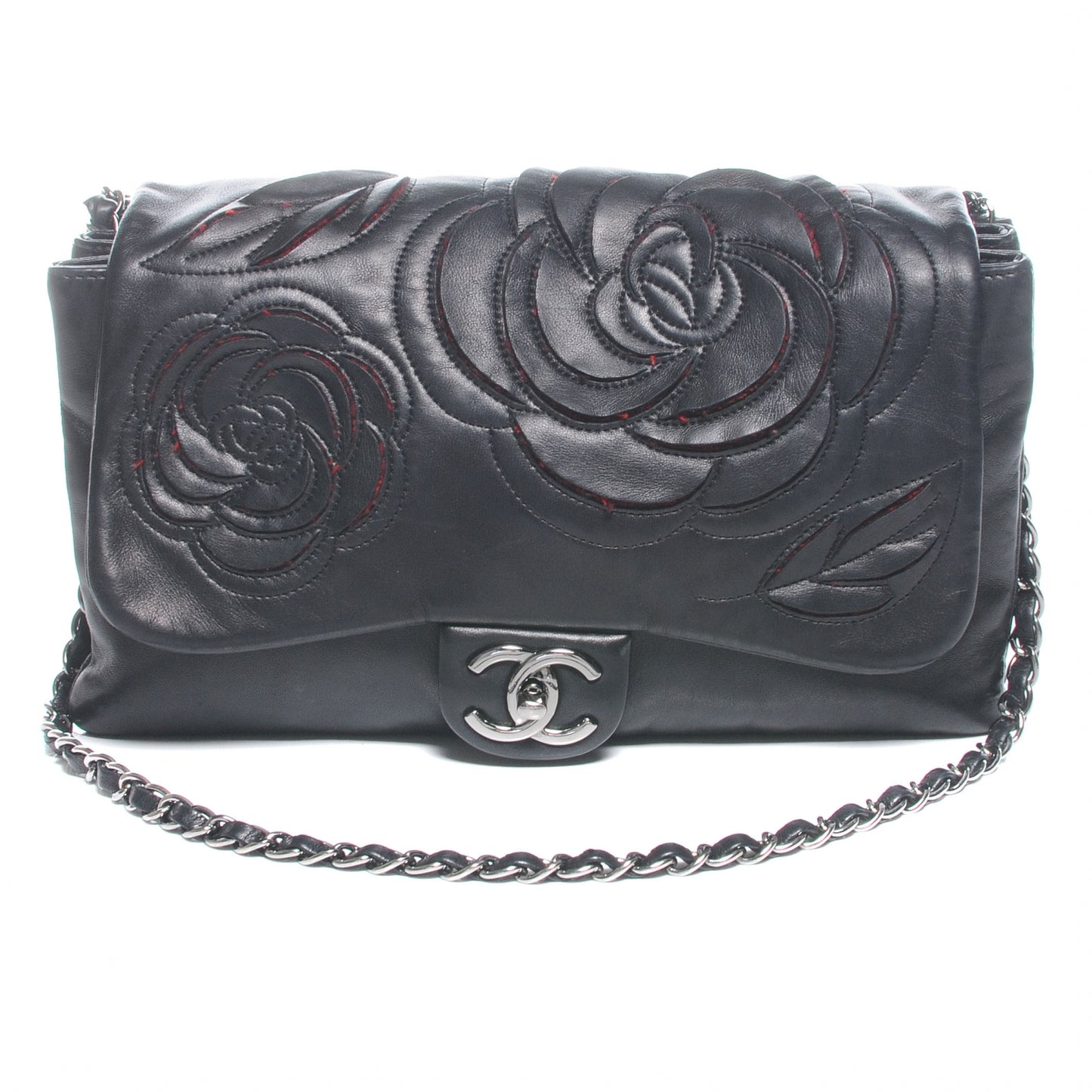 Lambskin Tweed Large Camellia Petals Flap Black