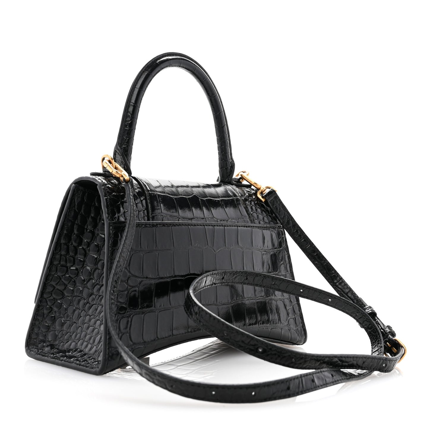Shiny Calfskin Crocodile Embossed Small Hourglass Top Handle Bag Black